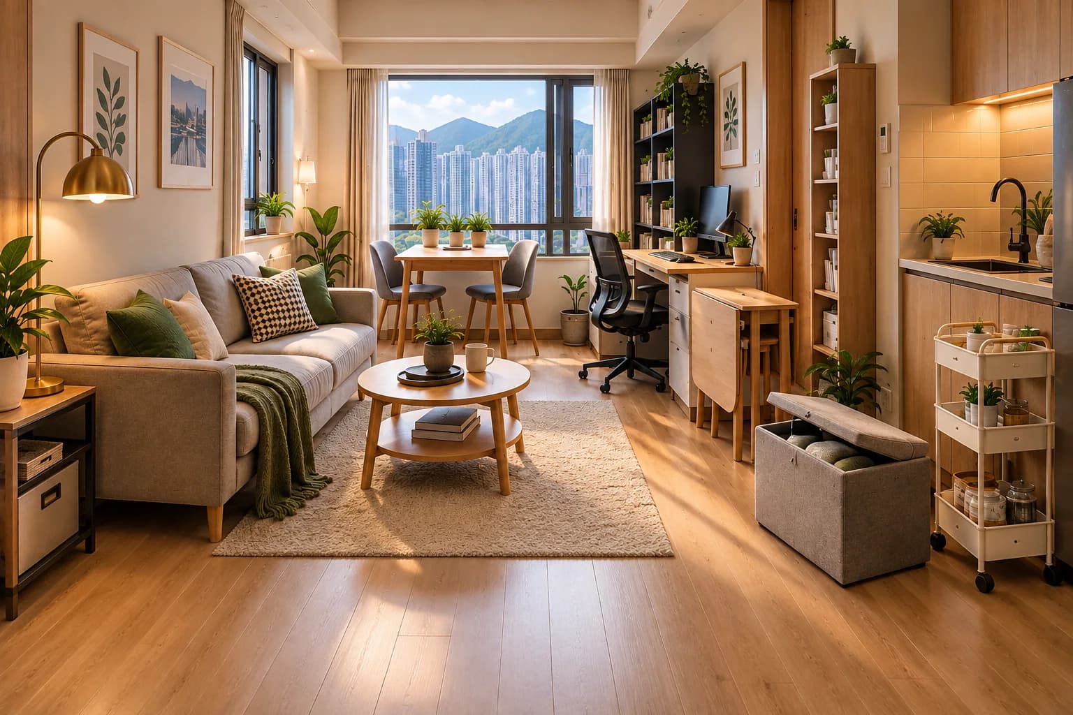 A warm living space with a familiar sofa, wooden furniture and natural light